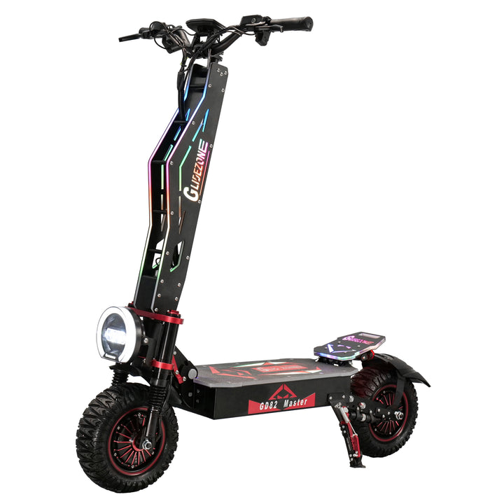 GlideZone GD82 Master Adult Off-Road Electric Scooter with Powerful 4000W Dual Motor, 62-Mile Max Range, 1860Wh Lithium-Ion Battery, and Front & Rear Hydraulic Disc Brakes.