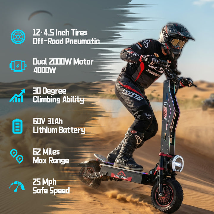 GlideZone GD82 Master Adult Off-Road Electric Scooter with Powerful 4000W Dual Motor, 62-Mile Max Range, 1860Wh Lithium-Ion Battery, and Front & Rear Hydraulic Disc Brakes.