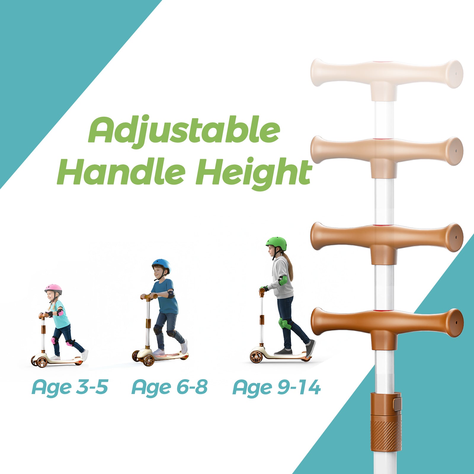 Glidezone Kids 3-Wheel Foldable Scooter, Beige & Brown, Adjustable Handlebar, Light-Up Wheels, Rear Foot Brake, Pull-to-Go Design, Supports up to 50kg, for Ages 3–14