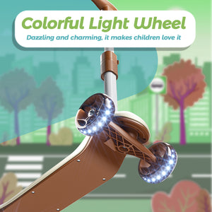 Glidezone Kids 3-Wheel Foldable Scooter, Beige & Brown, Adjustable Handlebar, Light-Up Wheels, Rear Foot Brake, Pull-to-Go Design, Supports up to 50kg, for Ages 3–14