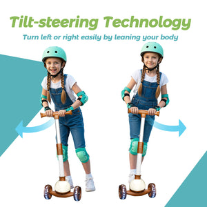 Glidezone Kids 3-Wheel Foldable Scooter, Beige & Brown, Adjustable Handlebar, Light-Up Wheels, Rear Foot Brake, Pull-to-Go Design, Supports up to 50kg, for Ages 3–14