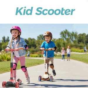 Glidezone Kids 3-Wheel Foldable Scooter, Beige & Brown, Adjustable Handlebar, Light-Up Wheels, Rear Foot Brake, Pull-to-Go Design, Supports up to 50kg, for Ages 3–14