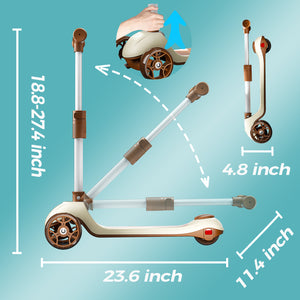 Glidezone Kids 3-Wheel Foldable Scooter, Beige & Brown, Adjustable Handlebar, Light-Up Wheels, Rear Foot Brake, Pull-to-Go Design, Supports up to 50kg, for Ages 3–14