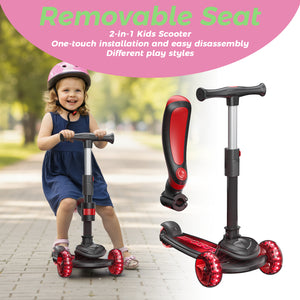Glidezone Kids 3-in-1 Foldable Scooter with Seat, Black, Adjustable Handlebar, Light-Up Wheels, Sit-or-Stand Design, Rear Foot Brake, for Toddlers & Kids Ages 2–10