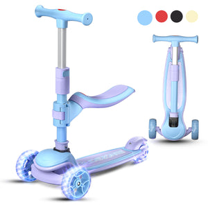 Glidezone Kids 3-in-1 Foldable Scooter with Seat, Blue & Purple, Adjustable Handlebar, Light-Up Wheels, Sit-or-Stand Design, Rear Foot Brake, for Toddlers & Kids Ages 2–10