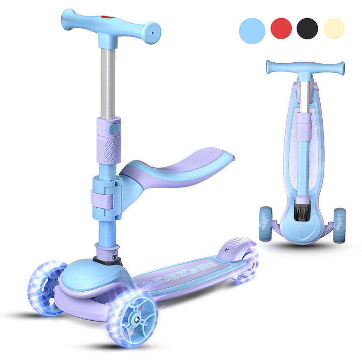 Glidezone Kids 3-in-1 Foldable Scooter with Seat, Blue & Purple, Adjustable Handlebar, Light-Up Wheels, Sit-or-Stand Design, Rear Foot Brake, for Toddlers & Kids Ages 2–10