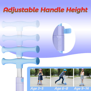 Glidezone Kids 3-in-1 Foldable Scooter with Seat, Blue & Purple, Adjustable Handlebar, Light-Up Wheels, Sit-or-Stand Design, Rear Foot Brake, for Toddlers & Kids Ages 2–10