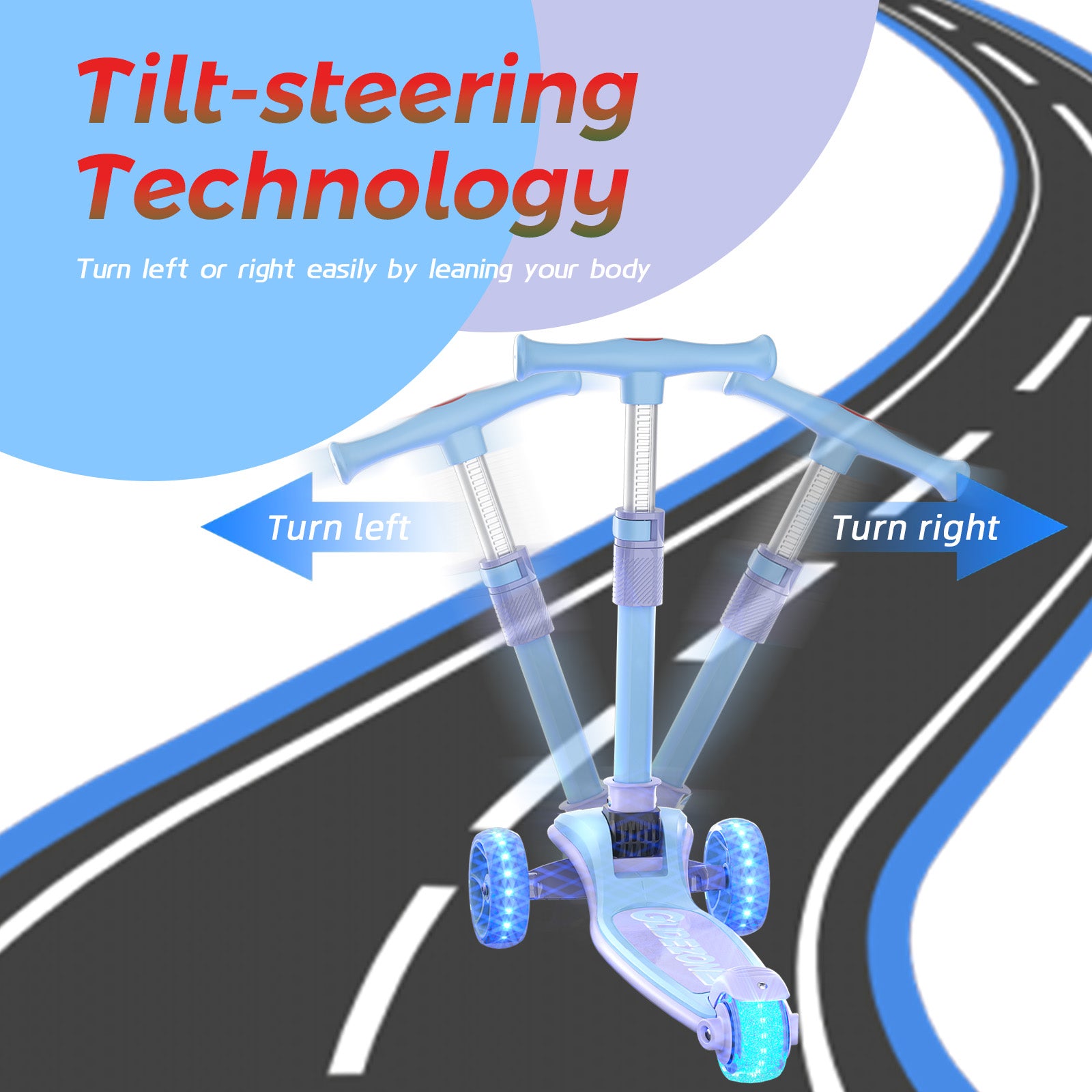 Glidezone Kids 3-in-1 Foldable Scooter with Seat, Blue & Purple, Adjustable Handlebar, Light-Up Wheels, Sit-or-Stand Design, Rear Foot Brake, for Toddlers & Kids Ages 2–10