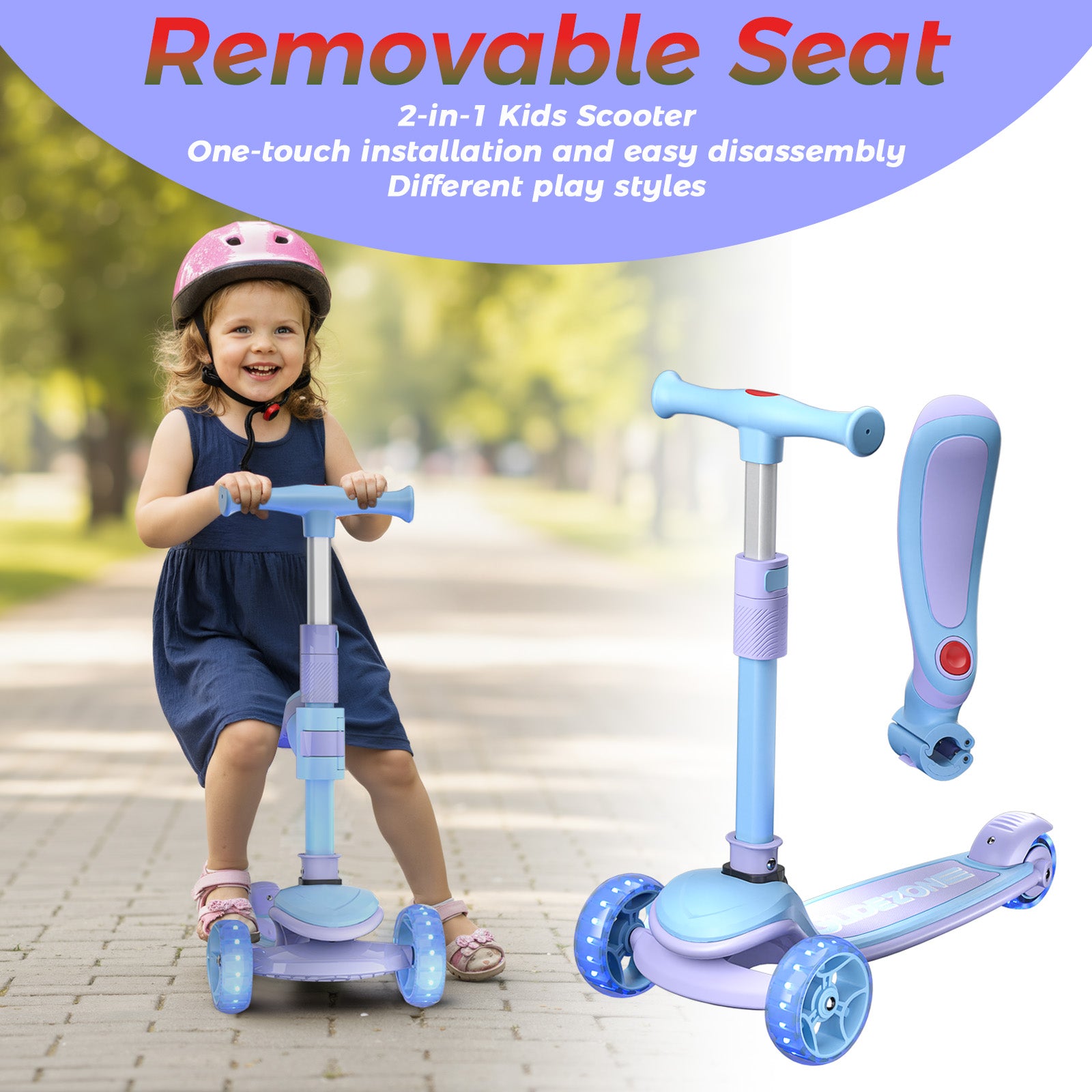 Glidezone Kids 3-in-1 Foldable Scooter with Seat, Blue & Purple, Adjustable Handlebar, Light-Up Wheels, Sit-or-Stand Design, Rear Foot Brake, for Toddlers & Kids Ages 2–10