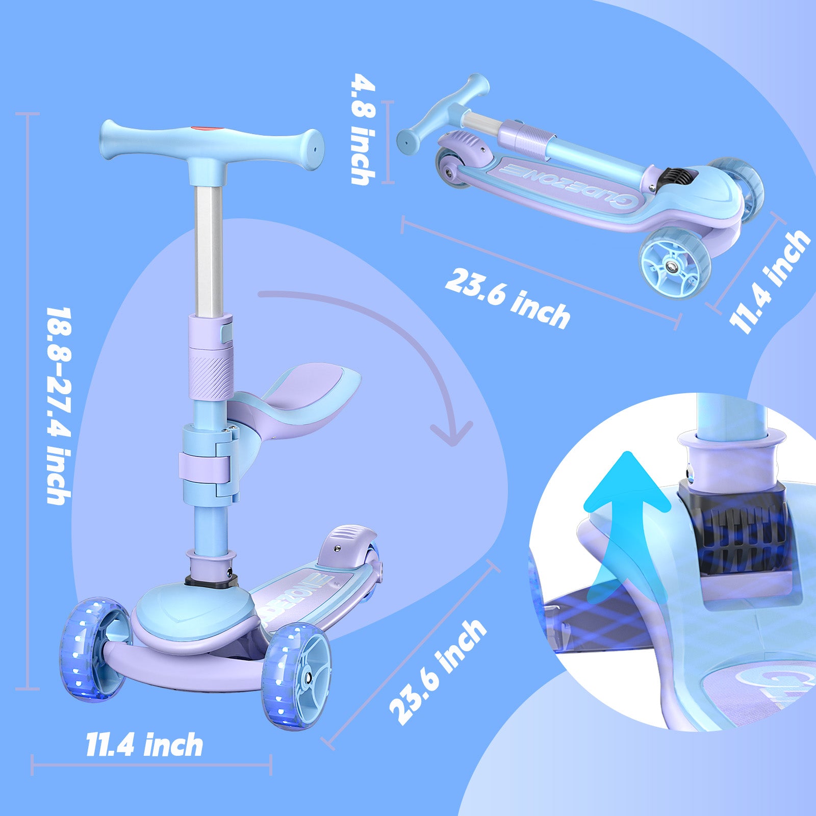 Glidezone Kids 3-in-1 Foldable Scooter with Seat, Blue & Purple, Adjustable Handlebar, Light-Up Wheels, Sit-or-Stand Design, Rear Foot Brake, for Toddlers & Kids Ages 2–10