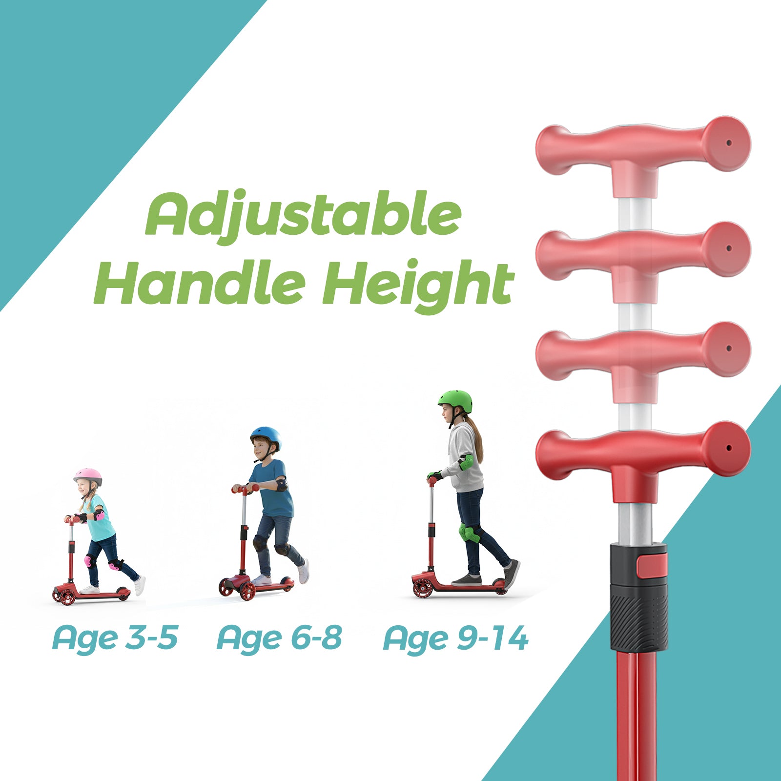 Glidezone Kids Foldable 3-Wheel Scooter with Adjustable Handlebar, Light-Up Wheels & Rear Foot Brake, 50kg Max Load, Toddler to Teen (Ages 3–14)