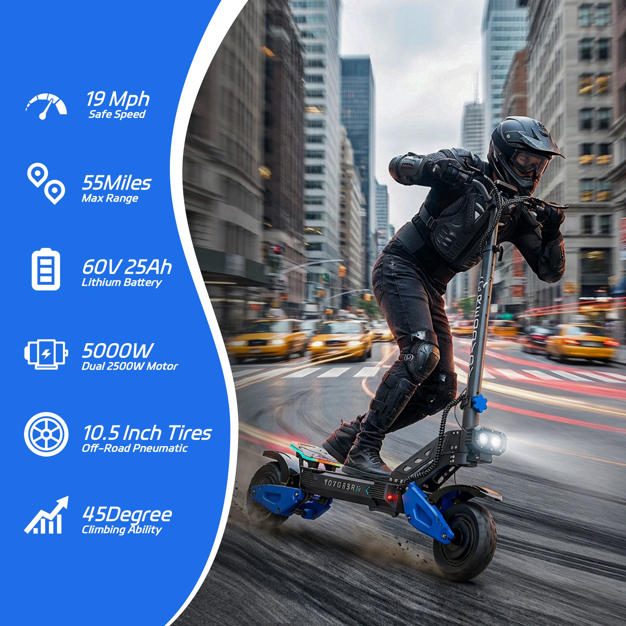 RD2 Off-Road Adult Electric Scooter, 5000W Dual Hub Motor, 55-Mile Range, 25 MPH Safe Speed, 1500Wh Long-Range Lithium Battery